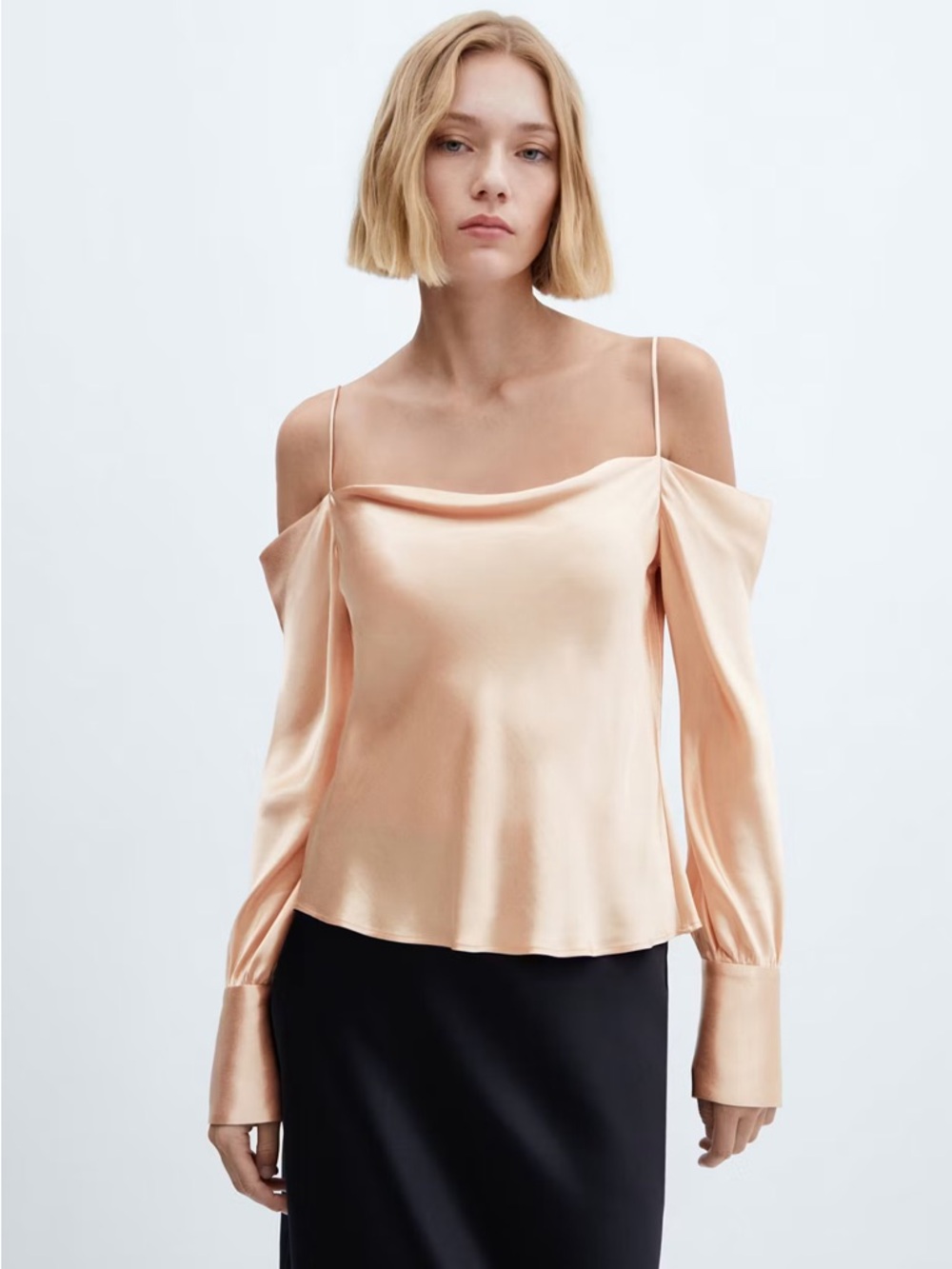 Mango Satin Peach Cold-Shoulder Cowl Neck Blouse